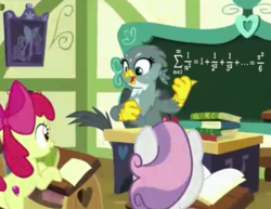 Size: 803x619 | Tagged: safe, edit, edited screencap, screencap, apple bloom, gabby, sweetie belle, griffon, g4, the fault in our cutie marks, basel problem, fancy mathematics, math, ponytail
