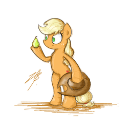 Size: 1350x1300 | Tagged: safe, artist:bojo, applejack, earth pony, pony, g4, bipedal, confused, female, food, newbie artist training grounds, no catchlights, no pupils, pear, simple background, solo, white background