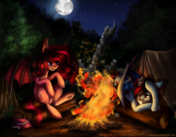 Size: 1600x1249 | Tagged: safe, artist:aschenstern, oc, oc only, bat pony, pony, baby, baby pony, bag, campfire, commission, fire, foal, full moon, log, night sky, open mouth, sitting, stars, story time, tent, underhoof