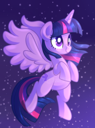 Size: 1280x1707 | Tagged: safe, artist:drawntildawn, twilight sparkle, alicorn, pony, g4, female, flying, missing cutie mark, solo, stars, twilight sparkle (alicorn), watermark