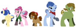 Size: 9289x3415 | Tagged: safe, artist:marukouhai, oc, oc only, oc:anne apple, oc:dizzy head, oc:honeydew feather, oc:juan apple, oc:lucky treat, earth pony, pegasus, pony, blank flank, blushing, female, filly, hair over eyes, heterochromia, male, mare, neckerchief, offspring, parent:applejack, parent:caramel, parent:flash sentry, parent:pinkie pie, parent:pokey pierce, parent:twilight sparkle, parents:carajack, parents:flashlight, parents:pokeypie, simple background, stallion, tongue out, white background