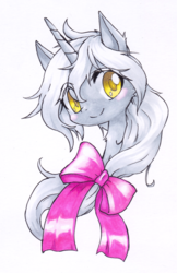 Size: 1144x1769 | Tagged: safe, artist:hashioaryut, oc, oc only, pony, unicorn, bust, hair bow, portrait, simple background, solo, traditional art, white background