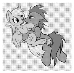 Size: 1074x1056 | Tagged: safe, artist:hioshiru, artist:kejifox, derpy hooves, doctor whooves, time turner, pegasus, pony, g4, collaboration, cuddling, female, male, manga, manga style, mare, medibang paint, monochrome, polka dot background, ship:doctorderpy, shipping, silly, snuggling, stallion, straight, tongue out