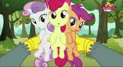 Size: 1280x702 | Tagged: safe, screencap, apple bloom, gabby, scootaloo, sweetie belle, griffon, g4, the fault in our cutie marks, cutie mark crusaders, minimini