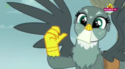Size: 1280x707 | Tagged: safe, screencap, gabby, griffon, g4, the fault in our cutie marks, cute, delivery griffon, female, gabbybetes, minimini, mouth hold, solo