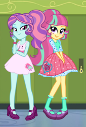 Size: 2640x3872 | Tagged: safe, artist:favoriteartman, artist:mixiepie, artist:themexicanpunisher, sour sweet, sunny flare, equestria girls, g4, my little pony equestria girls: friendship games, alternate universe, canterlot high, clothes, freckles, good, hallway, high res, looking at you