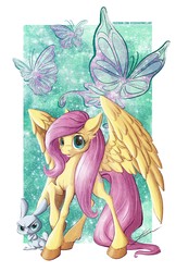 Size: 3300x5100 | Tagged: safe, artist:jessicavernell, angel bunny, fluttershy, butterfly, g4, absurd resolution, raised hoof, spread wings