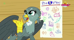 Size: 1280x701 | Tagged: safe, screencap, gabby, griffon, mouse, rabbit, squirrel, g4, the fault in our cutie marks, animal, baby, baby pony, baseball, baseball bat, bowl, braces, cauldron, diving, female, flower, football, list, minimini, music notes, musical instrument, paint can, paintbrush, ship, solo, trumpet, weight