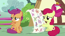 Size: 1280x714 | Tagged: safe, screencap, apple bloom, scootaloo, g4, the fault in our cutie marks, cutie mark, list, minimini, the cmc's cutie marks