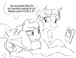 Size: 1280x989 | Tagged: safe, artist:silfoe, princess luna, twilight sparkle, alicorn, pony, other royal book, g4, black and white, book, dialogue, grayscale, monochrome, ship:twiluna, shipping, simple background, sketch, speech bubble, twilight sparkle (alicorn), white background