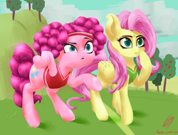 Size: 2100x1600 | Tagged: dead source, safe, artist:thegraid, fluttershy, pinkie pie, earth pony, pegasus, pony, buckball season, g4, apple, apple tree, bipedal, cloud, grass, tree