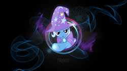 Size: 2560x1440 | Tagged: safe, artist:jeatz-axl, artist:thundy-r, trixie, pony, unicorn, g4, brooch, cape, clothes, female, jewelry, mare, neon, pointing, trixie's brooch, trixie's cape, trixie's hat, vector, wallpaper