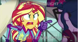 Size: 1280x687 | Tagged: safe, edit, edited screencap, screencap, sci-twi, sunset shimmer, twilight sparkle, equestria girls, g4, my little pony equestria girls: friendship games, caption, censored dialogue, font issues, hamilton, meme, sit down john, sunset yells at twilight, the adams administration