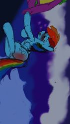 Size: 450x800 | Tagged: safe, artist:steadfast hoof, rainbow dash, spike, dragon, pegasus, pony, g4, bedroom problems, daily doodle spikedash prompt, female, male, mare, older, reddened butt, ship:rainbowspike, shipping, spanked, straight
