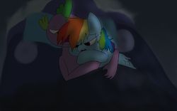 Size: 800x500 | Tagged: safe, artist:steadfast hoof, rainbow dash, spike, g4, bed, blanket, couple, cuddling, daily doodle spikedash prompt, female, male, relationship problems, ship:rainbowspike, shipping, sleeping, straight