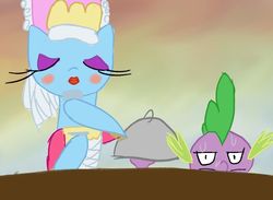 Size: 800x587 | Tagged: safe, artist:steadfast hoof, rainbow dash, spike, g4, bet, butler, daily doodle spikedash prompt, having fun, implied applejack, male, rainbow dash always dresses in style, ship:rainbowspike, shipping, straight, tea party