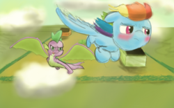 Size: 1280x800 | Tagged: safe, artist:steadfast hoof, rainbow dash, spike, g4, daily doodle spikedash prompt, male, racing, ship:rainbowspike, shipping, straight, winged spike, wings