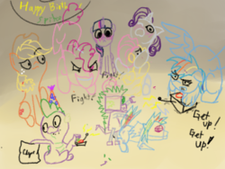 Size: 800x600 | Tagged: safe, artist:steadfast hoof, rainbow dash, spike, robot, g4, birthday party, daily doodle spikedash prompt, games, male, oops, party, ship:rainbowspike, shipping, straight