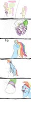 Size: 204x800 | Tagged: safe, artist:steadfast hoof, fluttershy, rainbow dash, spike, g4, comic, daily doodle spikedash prompt, having fun, male, pillow fight, ship:rainbowspike, shipping, straight