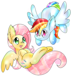 Size: 831x900 | Tagged: safe, artist:clouddg, artist:ezpinkie, fluttershy, rainbow dash, pony, g4, chibi, collaboration, duo, female, floating, happy, lesbian, mare, open mouth, ship:flutterdash, shipping, smiling