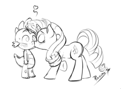 Size: 664x485 | Tagged: safe, artist:pia-sama, rarity, spike, dragon, pony, unicorn, g4, black and white, duo, female, grayscale, kiss on the lips, kissing, male, mare, monochrome, ship:sparity, shipping, signature, sketch, straight