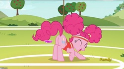 Size: 888x499 | Tagged: safe, edit, edited screencap, screencap, pinkie pie, buckball season, g4, bottomless, butt, clothes, fart, fart edit, fart noise, female, onomatopoeia, partial nudity, pinktails pie, plot, solo, sound effects, text