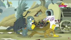 Size: 1366x768 | Tagged: safe, screencap, gabby, gilda, griffon, g4, the fault in our cutie marks, letter, lidded eyes, mailbag, minimini, misleading thumbnail, ponytail