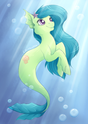 Size: 892x1250 | Tagged: safe, artist:kotezio, oc, oc only, oc:sea shell, merpony, bubble, crepuscular rays, female, fish tail, flowing mane, flowing tail, green mane, looking up, mare, ocean, signature, smiling, solo, sunlight, swimming, tail, underwater, water
