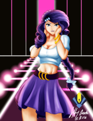 Size: 2942x3850 | Tagged: dead source, safe, artist:penspark, rarity, human, g4, beauty, belly button, breasts, busty rarity, catwalk, clothes, digital art, equestria girls outfit, fashion, female, gem, high res, humanized, jewelry, jewels, midriff, sexy, solo