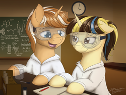 Size: 1024x768 | Tagged: safe, artist:novaintellus, oc, oc only, pony, unicorn, clothes, duo, lab coat, safety goggles, science