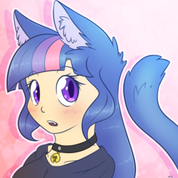 Size: 900x900 | Tagged: safe, artist:fluffyxai, twilight sparkle, human, g4, bell, bell collar, blushing, cat ears, catgirl, clothes, collar, cute, ear fluff, eared humanization, female, humanized, looking at you, sharp teeth, solo, tailed humanization, twilight cat