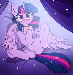 Size: 1029x1066 | Tagged: dead source, safe, artist:hioshiru, edit, twilight sparkle, alicorn, pony, g4, :o, bell collar, blushing, cheek fluff, chest fluff, collar, colored pupils, cute, ear fluff, eyebrows, eyebrows visible through hair, featureless crotch, female, legs in air, looking at you, on back, sfw edit, solo, spread legs, spread wings, spreading, twiabetes, twilight sparkle (alicorn), underhoof