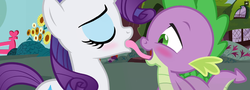 Size: 1280x460 | Tagged: safe, artist:dubstepina, rarity, spike, dragon, pony, g4, blushing, eyes closed, female, french kiss, kissing, male, mare, ship:sparity, shipping, straight, straight shota, tongue out, tongue play, tongue sucking