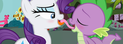 Size: 1280x461 | Tagged: safe, artist:dubstepina, rarity, spike, dragon, pony, unicorn, g4, female, french kiss, kissing, male, mare, ship:sparity, shipping, straight, straight shota, tongue out, tongue play, tongue to tongue