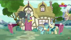 Size: 1366x768 | Tagged: safe, screencap, gabby, mr. paleo, mrs. paleo, petunia paleo, earth pony, griffon, pony, g4, the fault in our cutie marks, female, filly, foal, male, mare, minimini, petunia paleo's house, ponyville, stallion