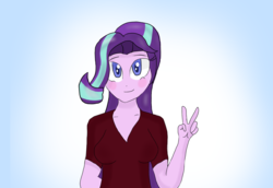 Size: 1376x947 | Tagged: safe, artist:mildockart, starlight glimmer, equestria girls, g4, clothes, cute, equestria girls-ified, female, glimmerbetes, peace sign, smiling, solo