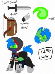 Size: 385x512 | Tagged: safe, artist:chillywilly, oc, oc only, oc:chilly willy, arrow, bow (weapon), bow and arrow, clothes, reference sheet, rogue, sword, throwing knife, weapon