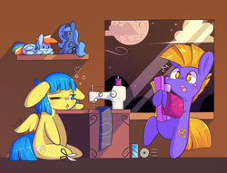 Size: 1976x1512 | Tagged: safe, artist:dsp2003, princess luna, rainbow dash, oc, oc:ginger ale, oc:shibari, pony, g4, bipedal, blushing, chibi, drool, ear piercing, earring, female, jewelry, male, piercing, plushie, scissors, sewing machine, sleepy, style emulation, this will end in pain