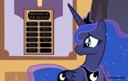 Size: 1570x1000 | Tagged: safe, artist:framwinkle, princess luna, alicorn, pony, g4, employee of the month, female, folded wings, mare, misnaming, plaque, solo, wings