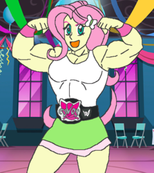 Size: 517x580 | Tagged: safe, artist:advanceddefense, artist:broozerpunch, fluttershy, equestria girls, g4, championship belt, female, flexing, muscles, muscleshy, solo