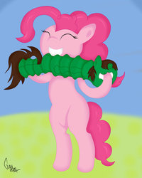 Size: 800x1000 | Tagged: safe, artist:gian2020, pinkie pie, oc, oc:frost d. tart, g4, accordion, cartoon physics, eyes closed, i have no mouth and i must scream, missing cutie mark, musical instrument, request, smiling