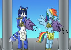 Size: 1069x748 | Tagged: safe, artist:gameboysage, rainbow dash, fox, anthro, g4, arm hooves, belly button, bikini, blowing, blowing fetish, blowing flute, breasts, clothes, cloudrunner flute, cloudrunner fortress, eyes closed, female, flute, krystal, loincloth, midriff, music notes, musical instrument, puffy cheeks, rainblow dash, star fox, star fox adventures, swimsuit, vixen