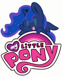 Size: 720x888 | Tagged: safe, artist:leone di cielo, edit, princess luna, g4, chibi, cute, female, happy, lunabetes, magic, my little pony logo, needs more jpeg, simple background, smiling, solo, style emulation, waving, white background