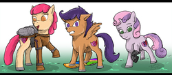 Size: 1200x529 | Tagged: safe, artist:wag-tail, apple bloom, scootaloo, sweetie belle, g4, amputee, armor, back to the future, crossover, cutie mark, cutie mark crusaders, hoverboard, jetpack, prosthetic limb, prosthetics, terminator, the cmc's cutie marks, the rocketeer