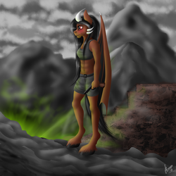 Size: 1920x1920 | Tagged: safe, artist:iwoo34enn, artist:stirren, anthro, unguligrade anthro, fallout equestria, abs, alert, belly button, clothes, gun, horns, shorts, solo, standing, wasteland, weapon, wings