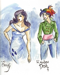 Size: 1236x1553 | Tagged: safe, artist:xerachan, rainbow dash, rarity, human, g4, humanized, traditional art, watercolor painting