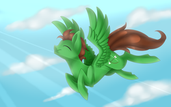 Size: 4500x2819 | Tagged: safe, artist:scarlet-spectrum, oc, oc only, oc:green precision, pegasus, pony, commission, crepuscular rays, eyes closed, flying, high res, solo