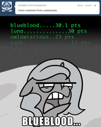 Size: 646x817 | Tagged: safe, artist:egophiliac, princess luna, alicorn, pony, moonstuck, g4, ask, dinkleberg, disgusted, female, filly, floppy ears, frown, glare, leaderboard, moon, open mouth, solo, space, stars, text, tumblr, woona