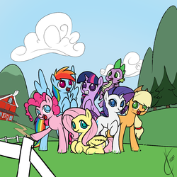 Size: 1000x1000 | Tagged: safe, artist:valcron, applejack, fluttershy, pinkie pie, rainbow dash, rarity, spike, twilight sparkle, dragon, earth pony, pegasus, pony, unicorn, g4, cloud, colored pupils, female, freckles, grass, hat, looking at you, male, mane seven, mane six, mare, open mouth, signature, sky, smiling, tree