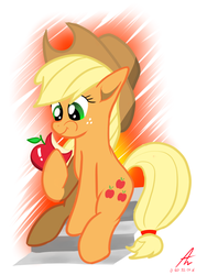 Size: 1500x2000 | Tagged: safe, artist:truffle shine, applejack, g4, apple, eating, female, food, simple background, sitting, solo, stairs